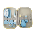 Light blue baby healthcare grooming kit with soft silicone and plastic tools organized in a gray mesh eva case