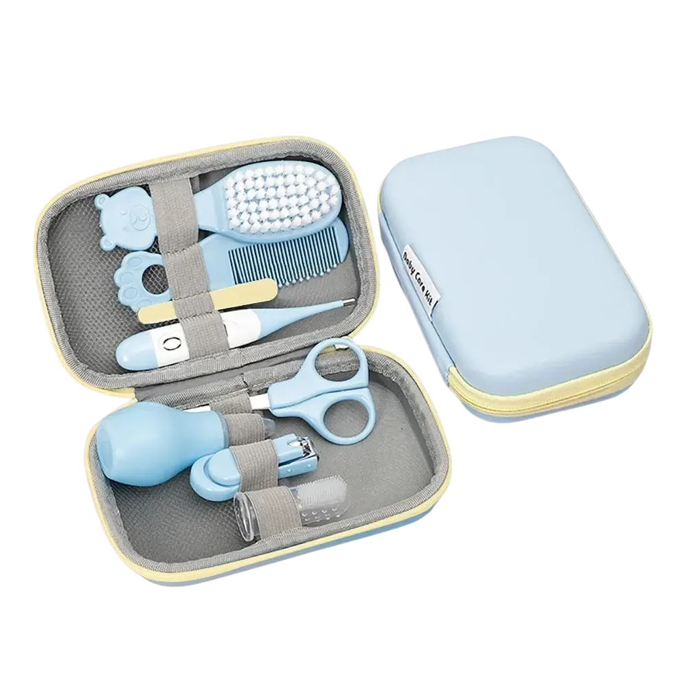 Light blue baby healthcare grooming kit with soft silicone and plastic tools organized in matching eva zippered case