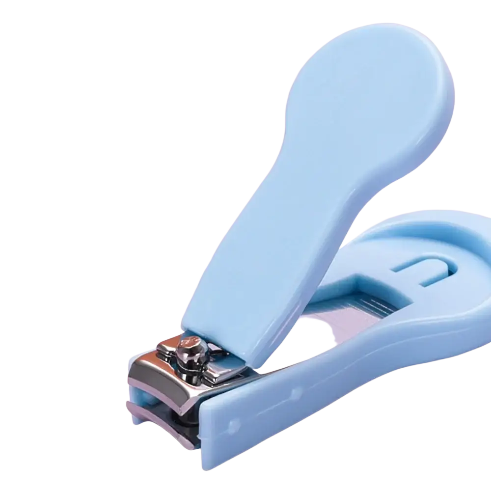 Light blue plastic baby nail clippers with metallic blade and ergonomic handle from baby healthcare grooming kit with eva case