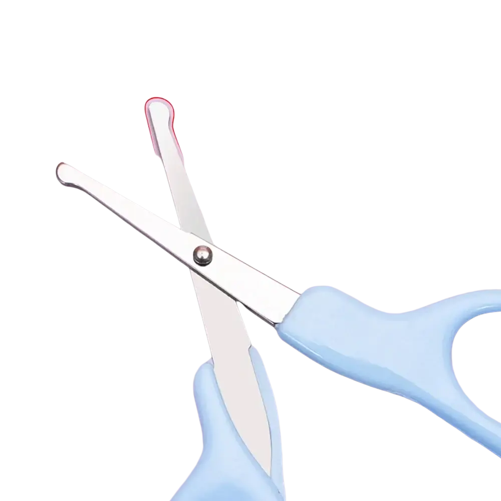 Light blue plastic-handled baby scissors with rounded silver metal blades in baby healthcare grooming kit with Eva case