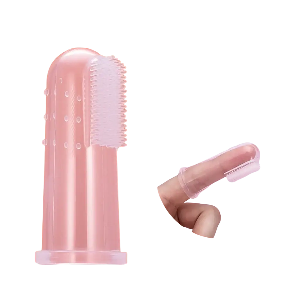 Transparent pink silicone finger toothbrush with soft bristles from baby healthcare grooming kit with Eva case