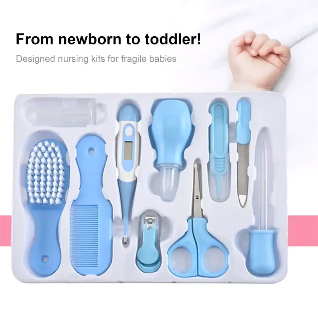 Light blue plastic baby healthcare and grooming kit with assorted nursing tools for newborn to toddler care