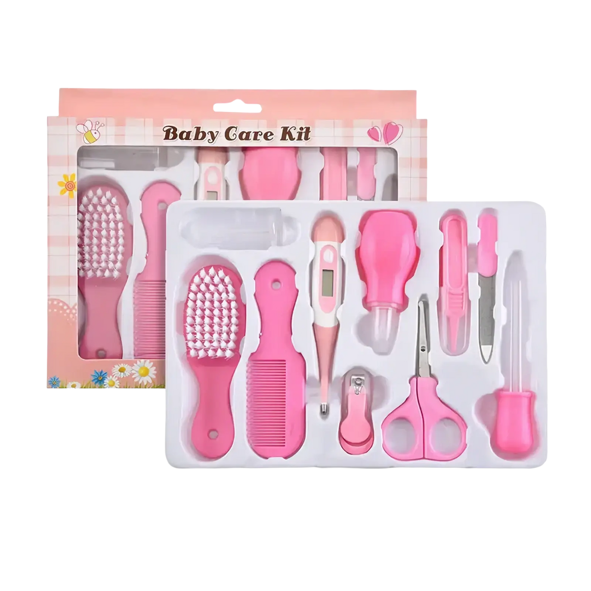 Baby healthcare and grooming kit in pink with soft-bristled brushes comb thermometer nail clipper and scissors