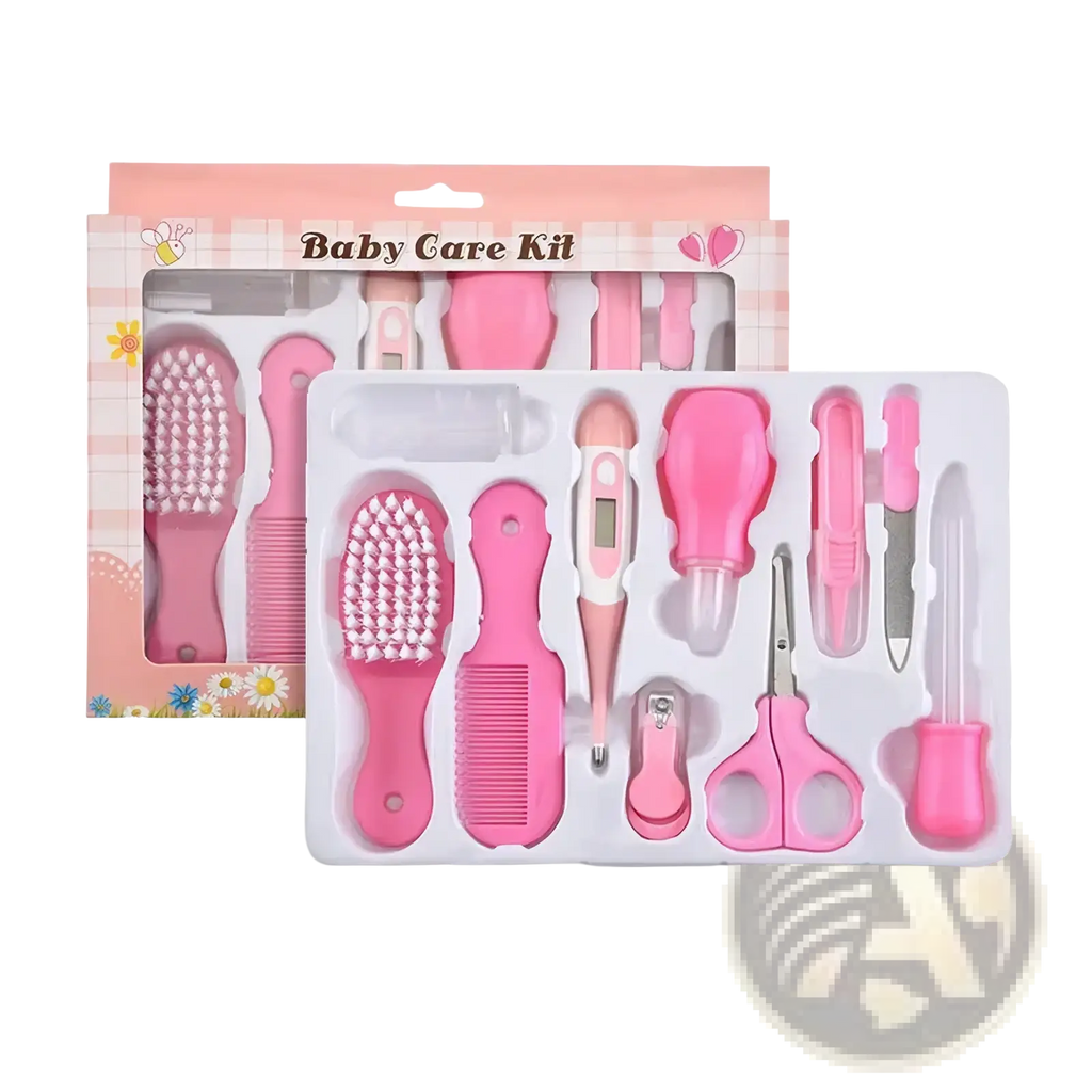 Pink baby healthcare and grooming kit with assorted plastic grooming tools and a digital thermometer for infant care