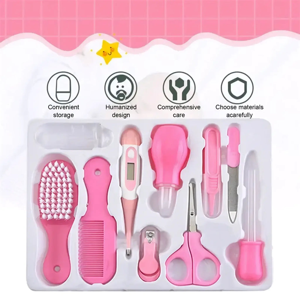 Baby healthcare and grooming kit with assorted pink baby care tools in a clear plastic tray for hygiene and grooming