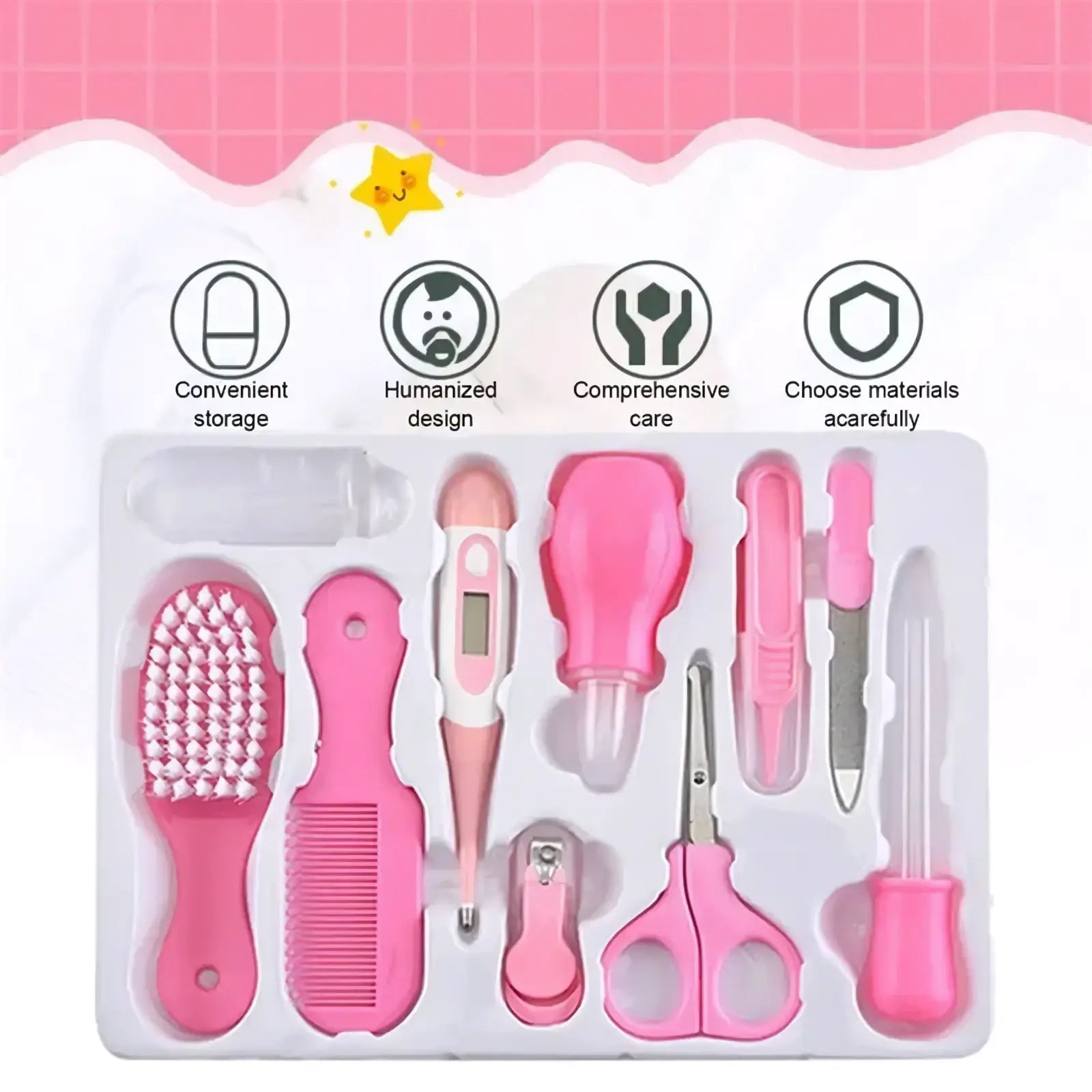 Baby healthcare and grooming kit with assorted pink baby care tools in a clear plastic tray for hygiene and grooming