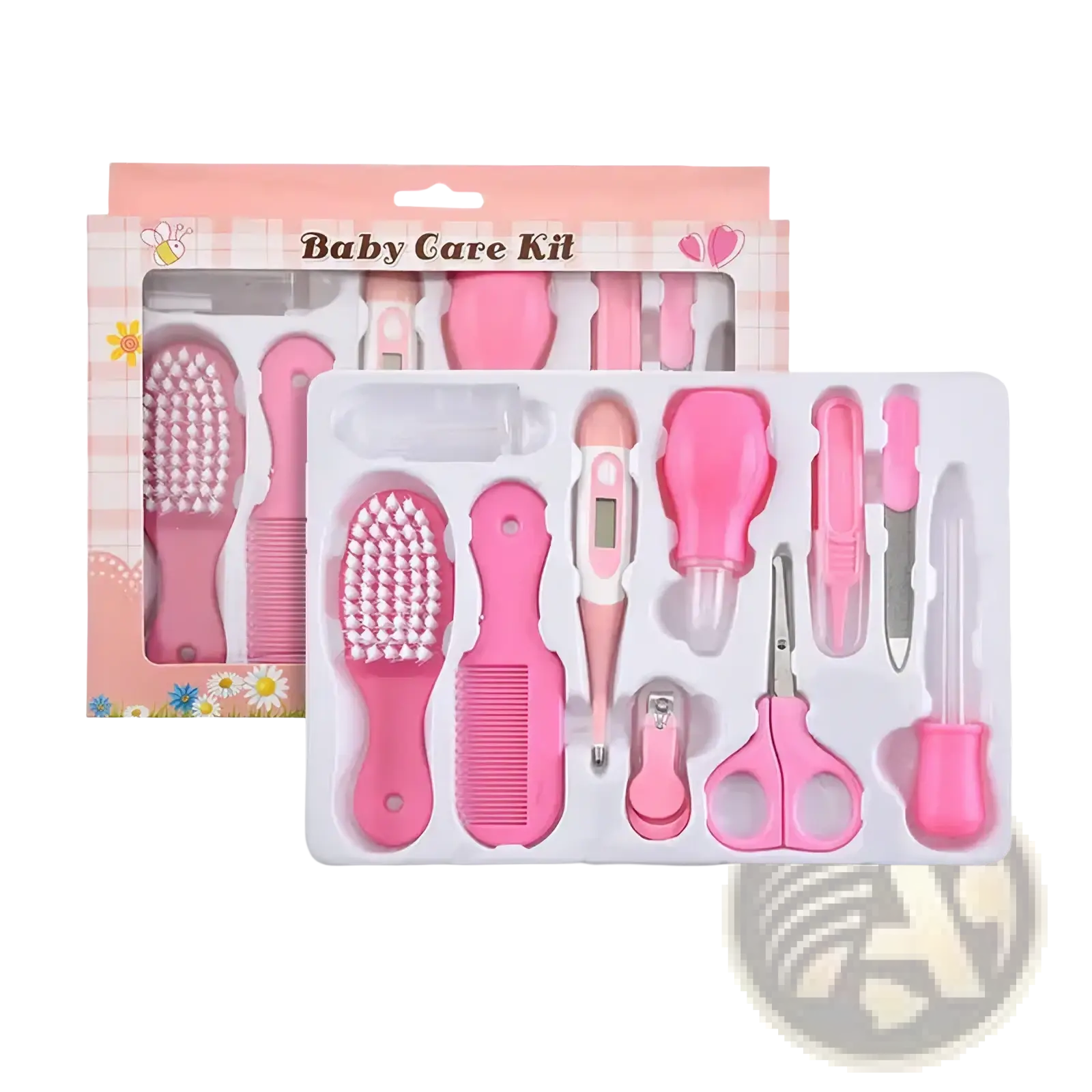 Baby healthcare and grooming kit in pink with soft-bristled brushes comb thermometer nail clipper and scissors