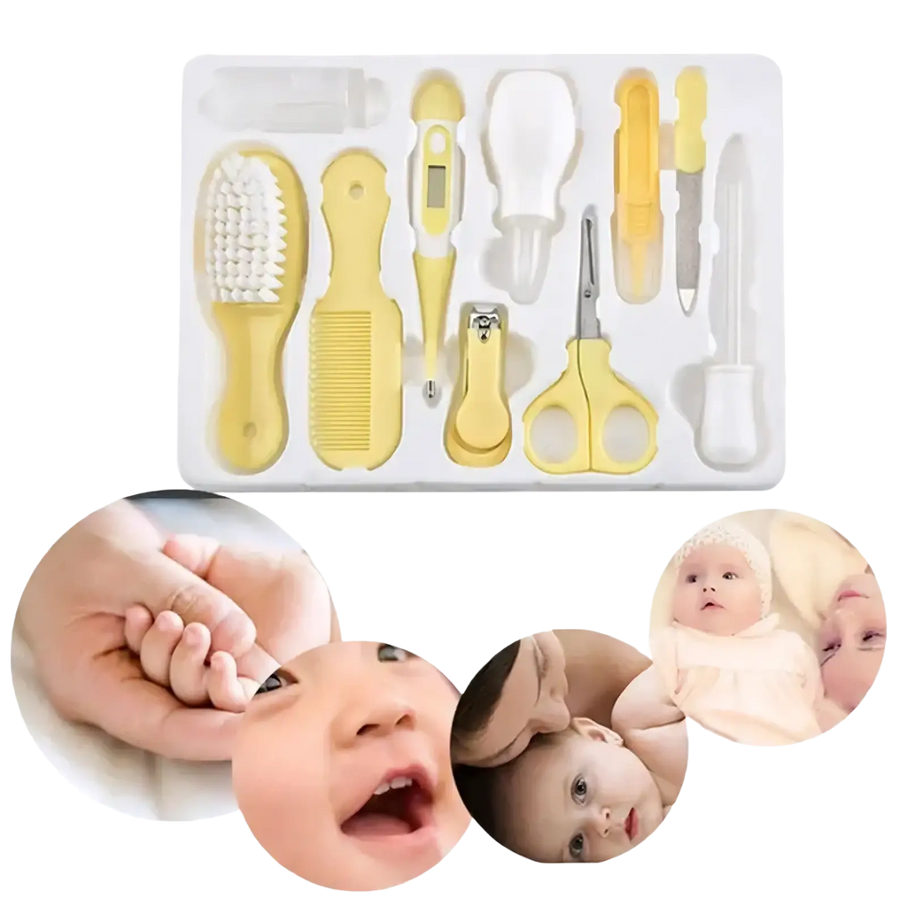 Yellow baby healthcare and grooming kit with soft-bristled brush, comb, thermometer, and nail care tools in clear tray
