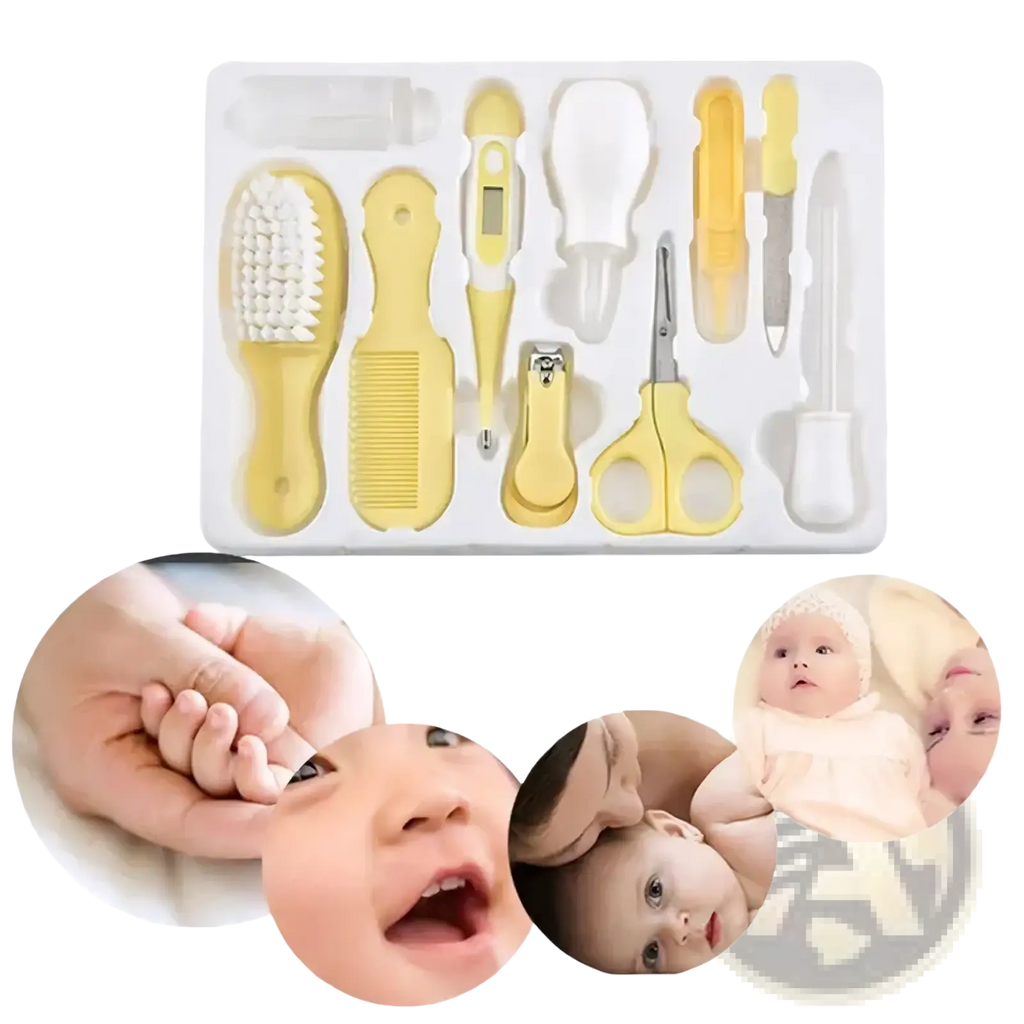 Yellow baby healthcare and grooming kit with soft-bristled brush, comb, thermometer, and nail care tools in clear tray