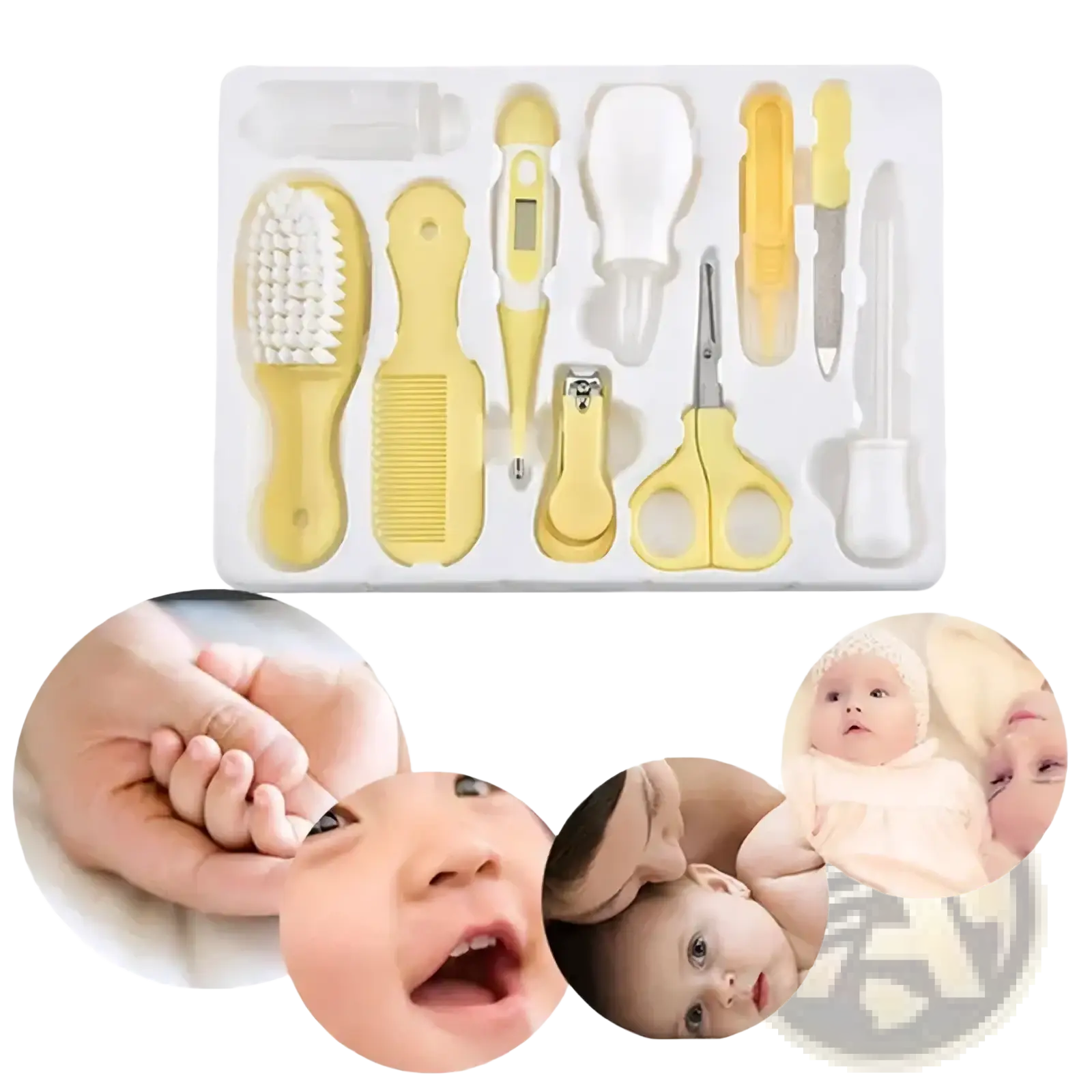 Yellow baby healthcare and grooming kit with soft-bristled brush, comb, thermometer, and nail care tools in clear tray
