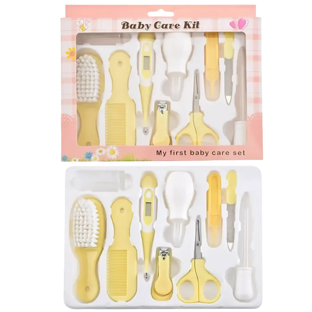 Yellow plastic baby healthcare and grooming kit with soft bristles, comb, digital thermometer, nail clippers, and scissors