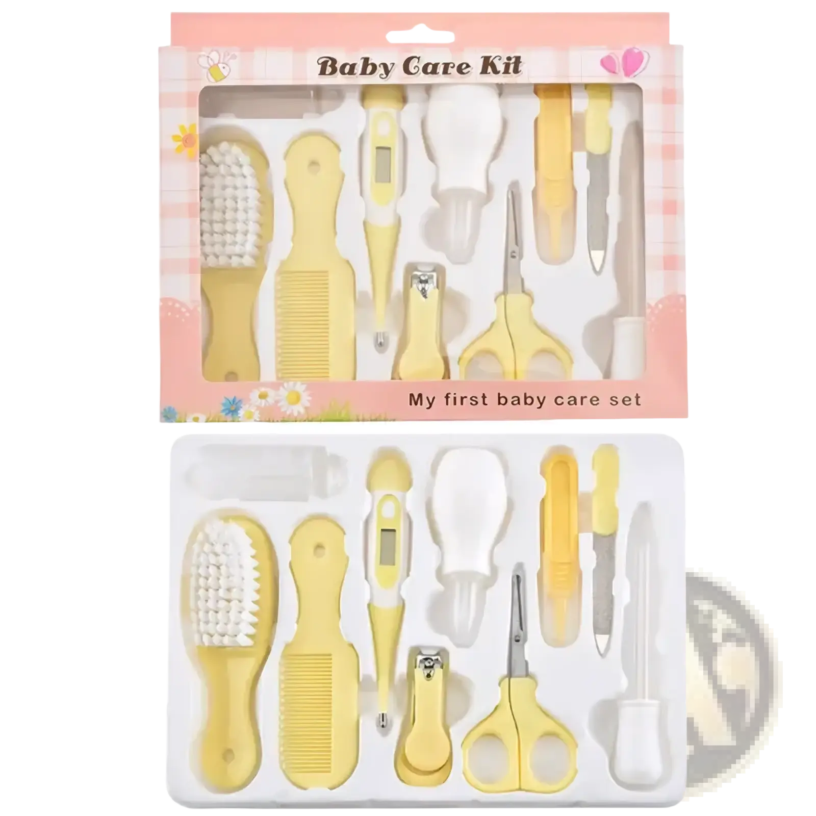 Yellow plastic baby healthcare and grooming kit with soft bristles, comb, digital thermometer, nail clippers, and scissors