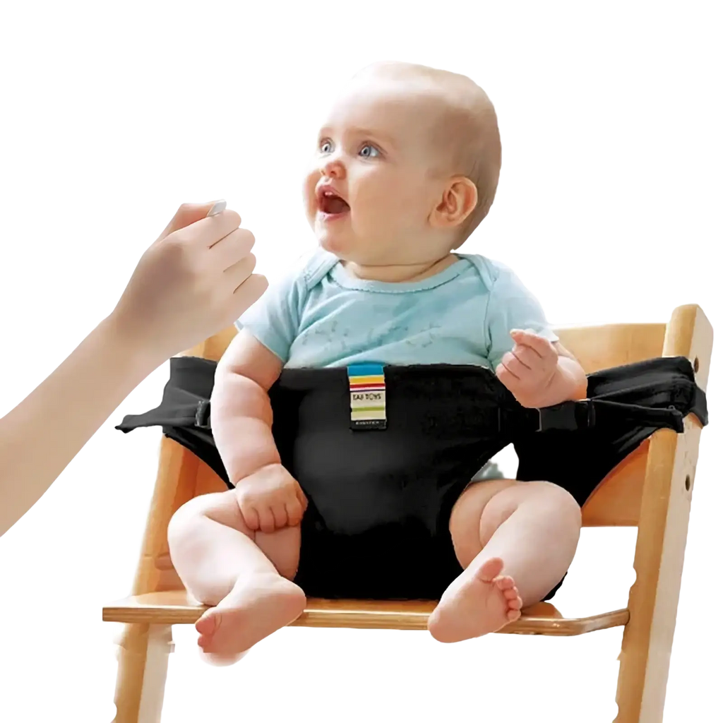 Black fabric baby high chair safety strap with colorful striped label for portable child harness use