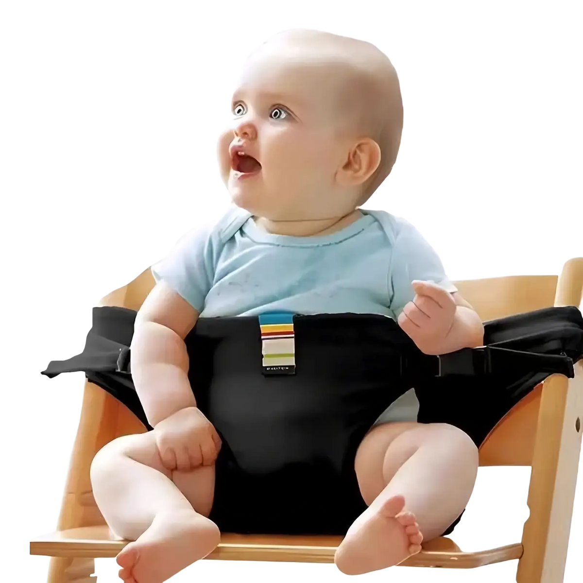 Black fabric baby high chair safety strap with colorful striped tab for portable child harness use