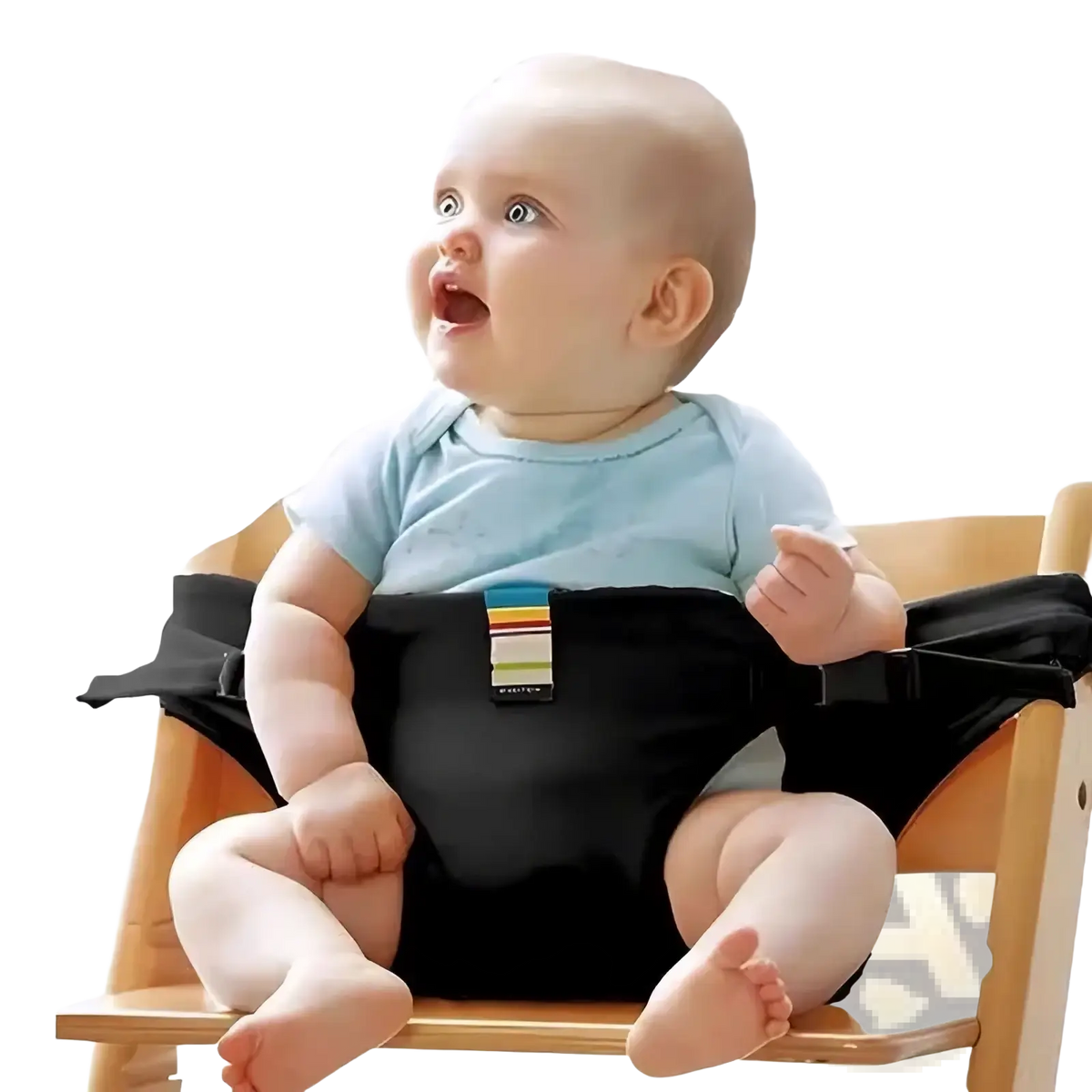 Black fabric baby high chair safety strap with colorful striped tab for portable child harness use