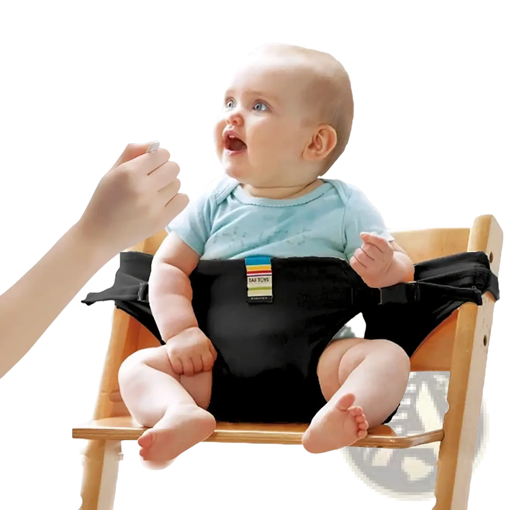 Black fabric baby high chair safety strap with colorful striped label for portable child harness use