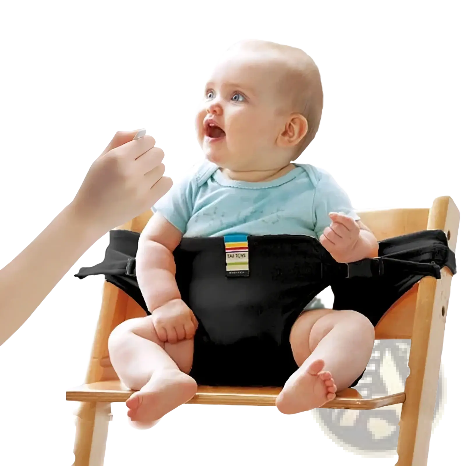 Black fabric baby high chair safety strap with colorful striped label for portable child harness use