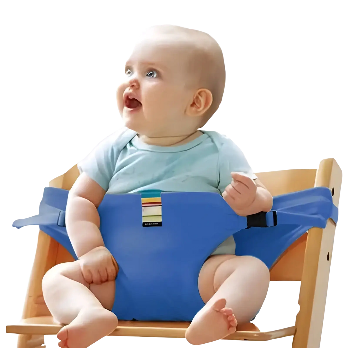 Blue fabric baby high chair safety strap with adjustable straps and colorful striped label for child harness use