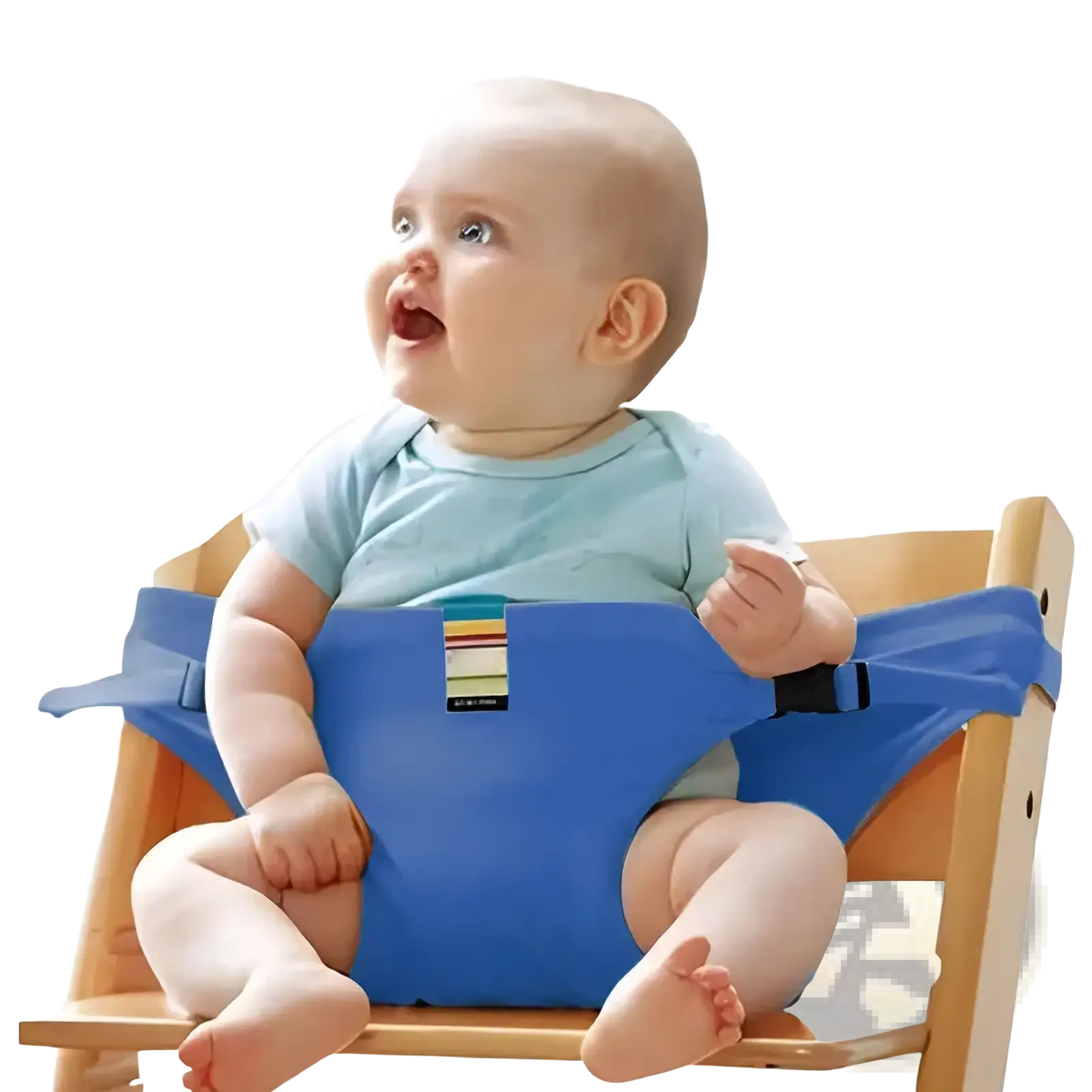Blue fabric baby high chair safety strap with adjustable straps and colorful striped label for child harness use