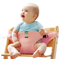 Pink fabric baby high chair safety strap with adjustable child harness and colorful striped label for secure seating