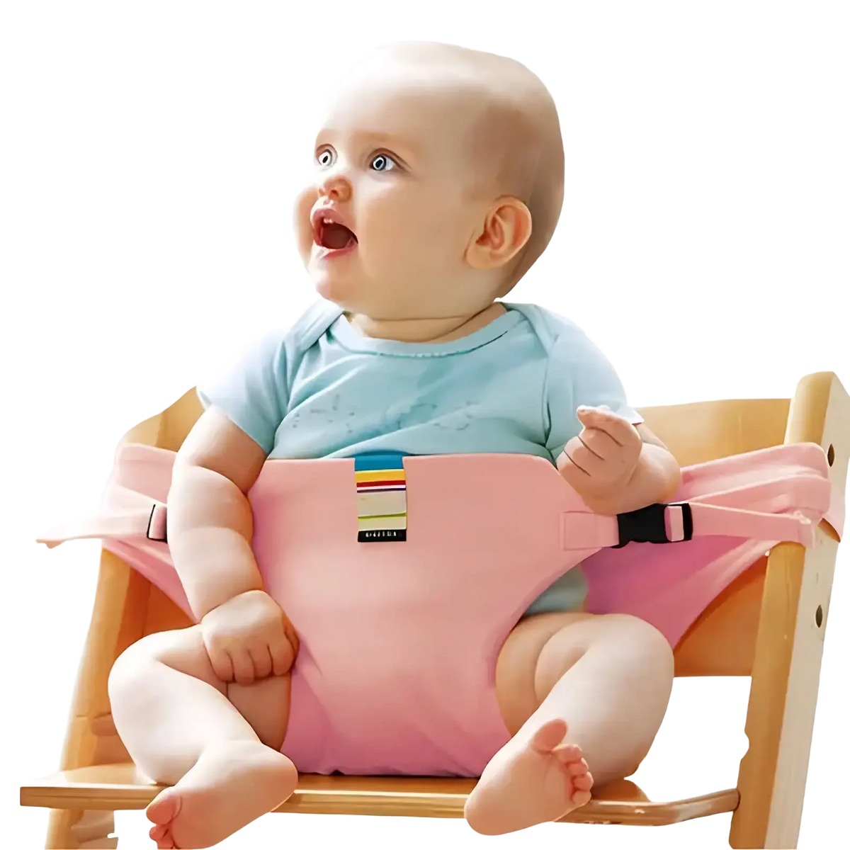 Pink fabric baby high chair safety strap with adjustable child harness and colorful striped label for secure seating