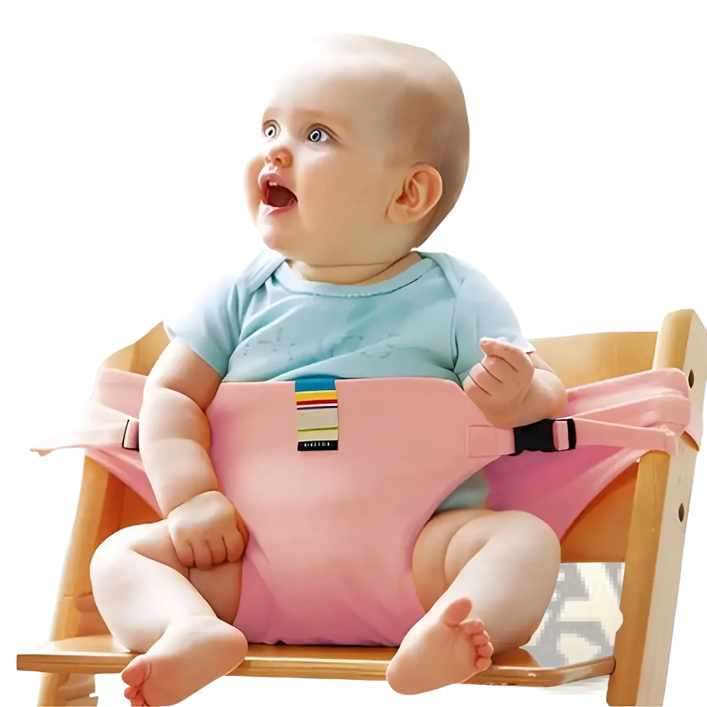 Pink fabric baby high chair safety strap with adjustable child harness and colorful striped label for secure seating