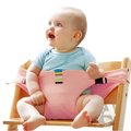 Pink fabric baby high chair safety strap with adjustable child harness and colorful striped label for secure seating