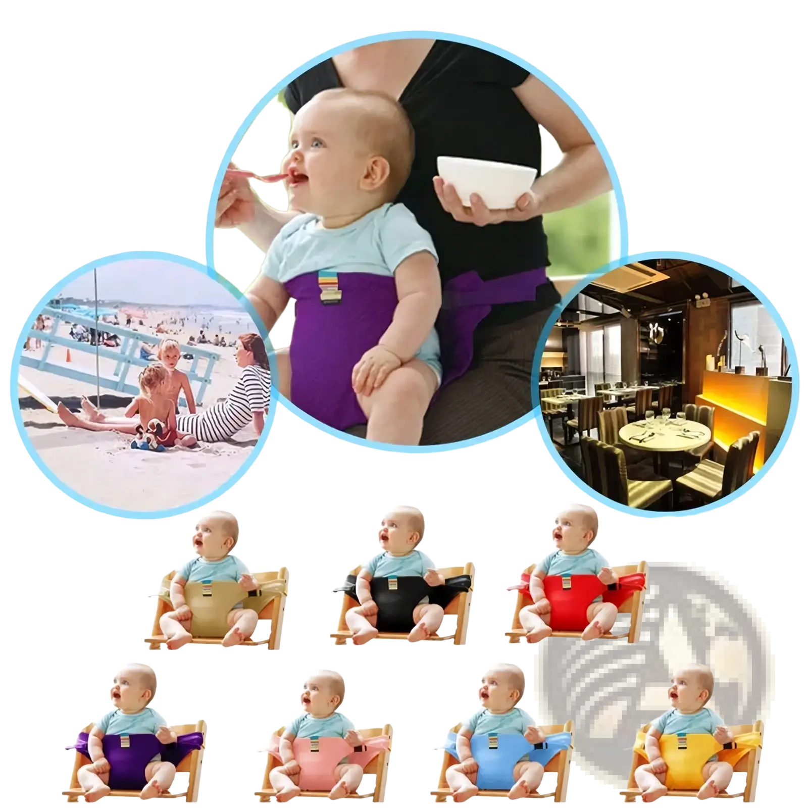 Purple baby high chair safety strap with adjustable straps and wooden frame for portable child harness use