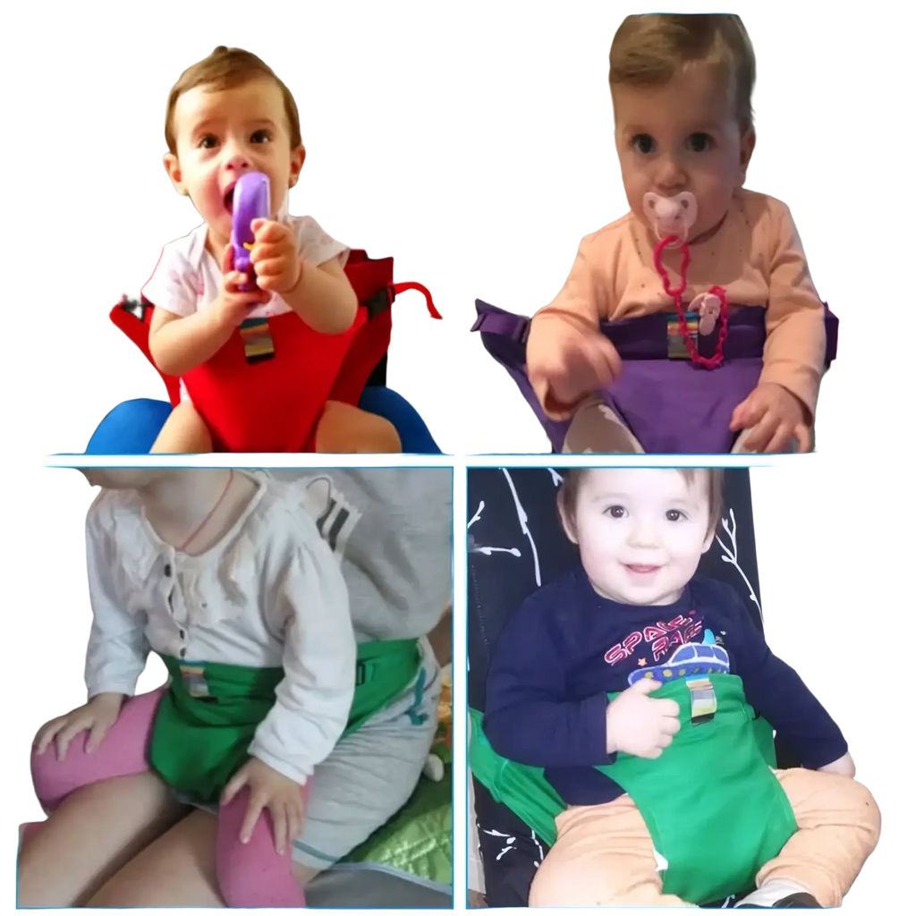 Red and blue baby high chair safety strap with adjustable straps and portable child harness for secure seating