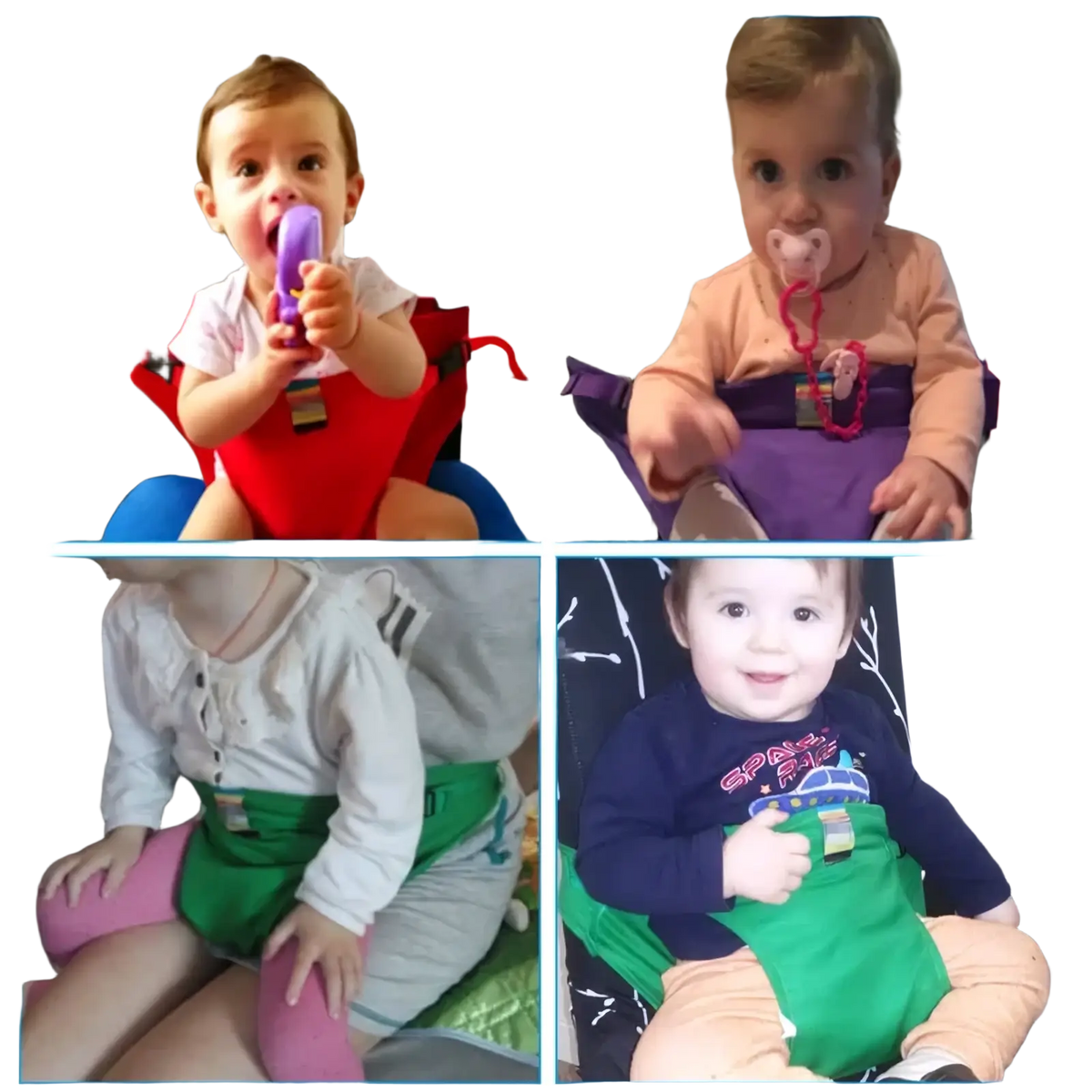 Red and blue baby high chair safety strap with adjustable straps and portable child harness for secure seating
