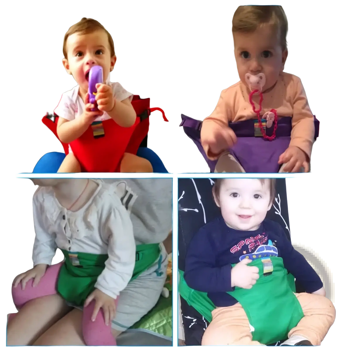 Red and blue baby high chair safety strap with adjustable straps and portable child harness for secure seating