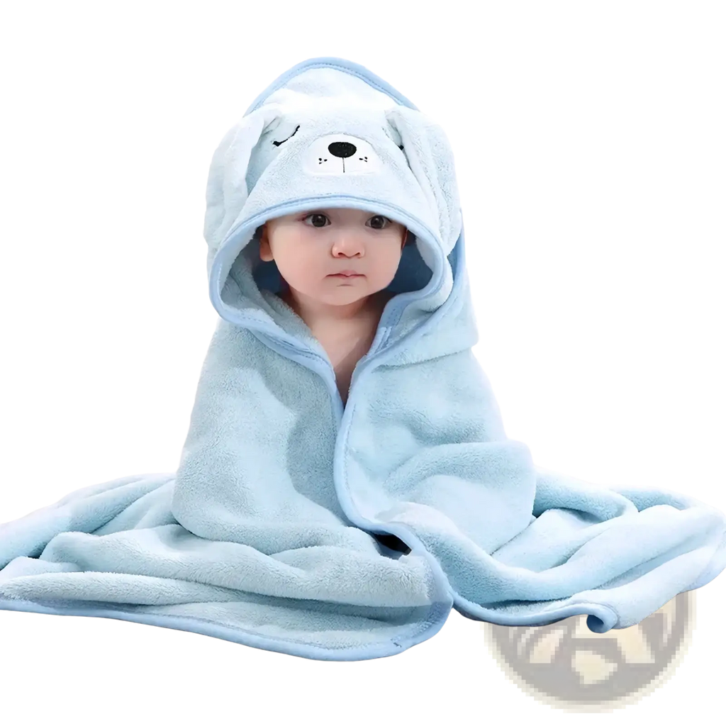 Light blue baby hooded animal bath towel made of plush coral fleece with embroidered dog face design