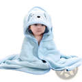 Light blue baby hooded animal bath towel made of plush coral fleece with embroidered dog face design