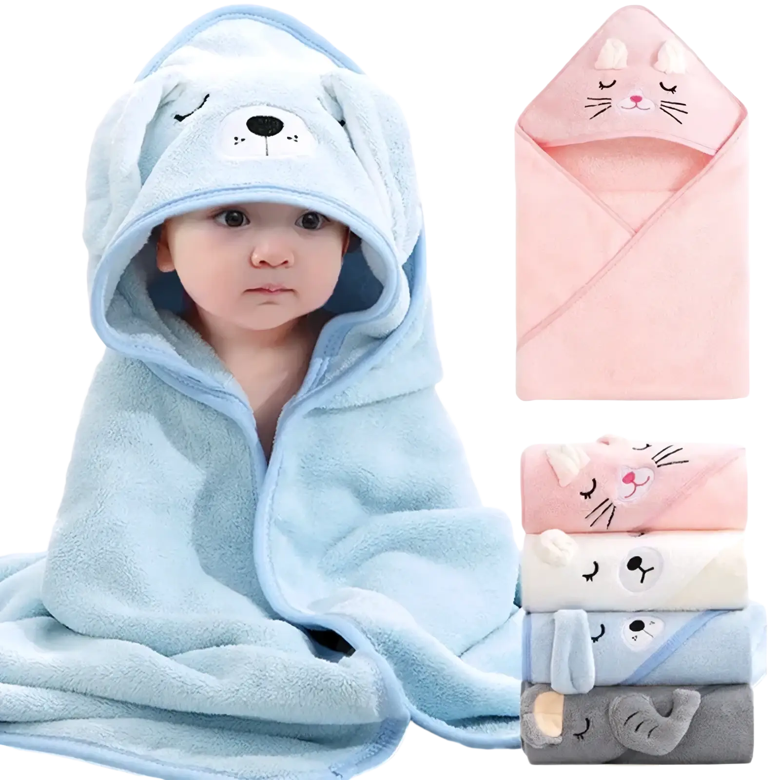 Light blue plush coral fleece baby hooded bath towel with bunny face design for gentle drying and warmth