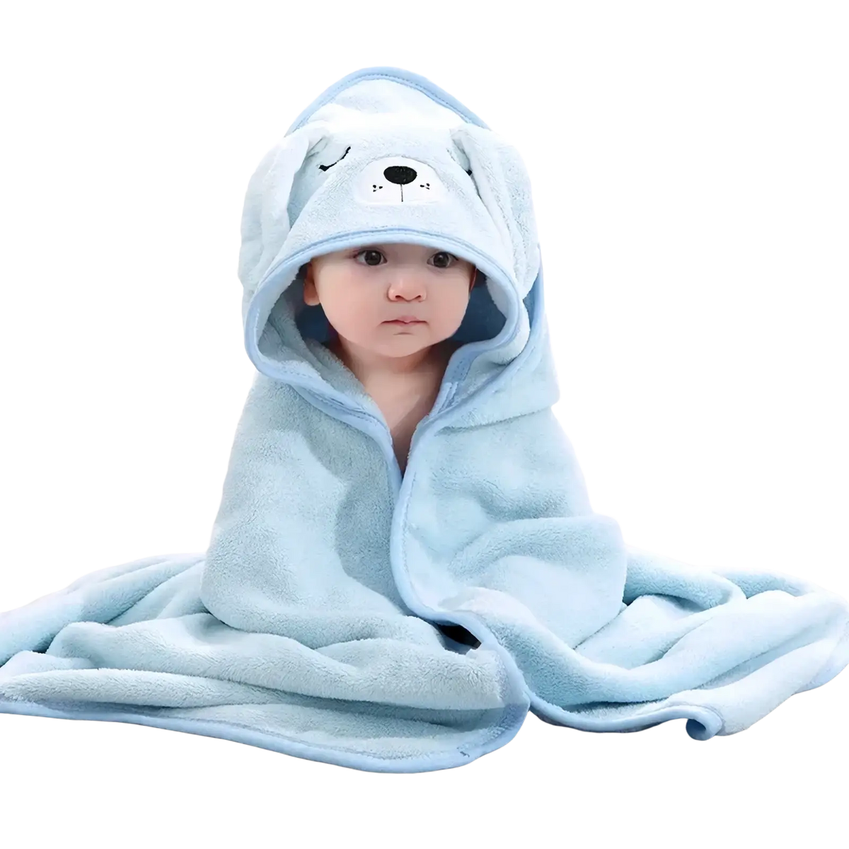 Light blue baby hooded animal bath towel made of plush coral fleece with embroidered dog face design