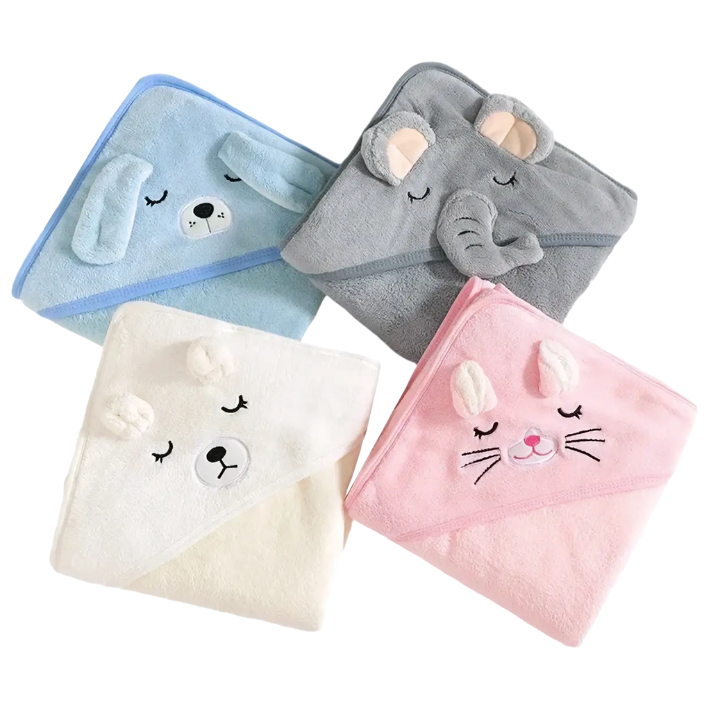 Baby hooded animal bath towels plush coral fleece in pastel blue gray cream and pink with embroidered closed eye animal faces
