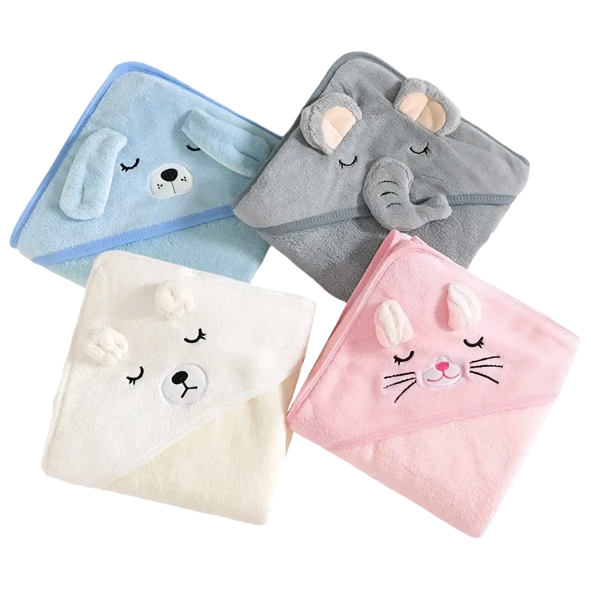 Baby hooded animal bath towels plush coral fleece in pastel blue gray cream and pink with embroidered closed eye animal faces