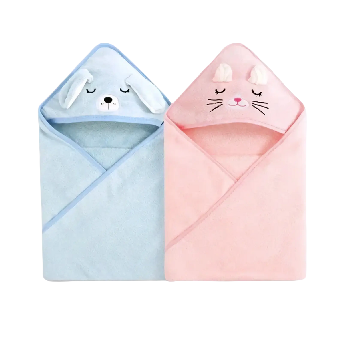 Soft pastel blue and pink hooded baby towels with embroidered animal faces and fluffy ears made of plush coral fleece