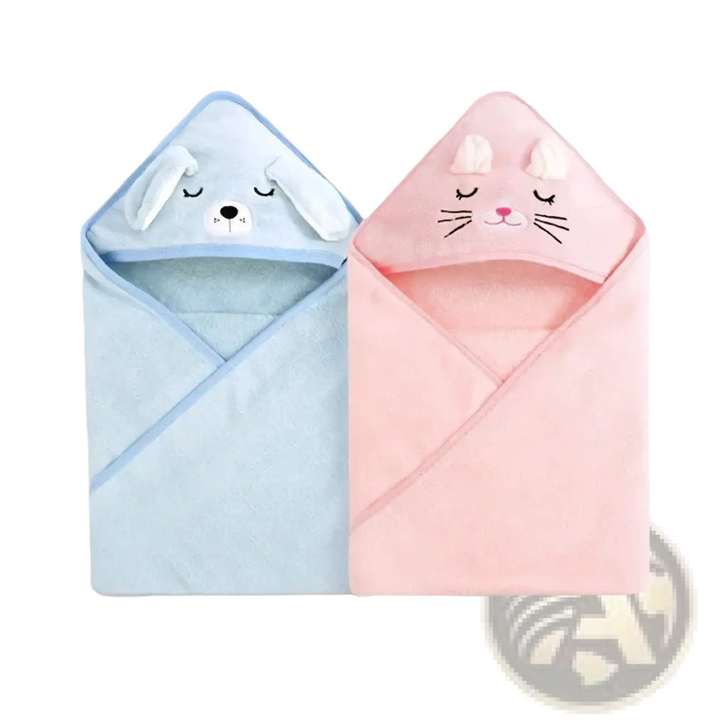 Soft pastel blue and pink hooded baby towels with embroidered animal faces and fluffy ears made of plush coral fleece