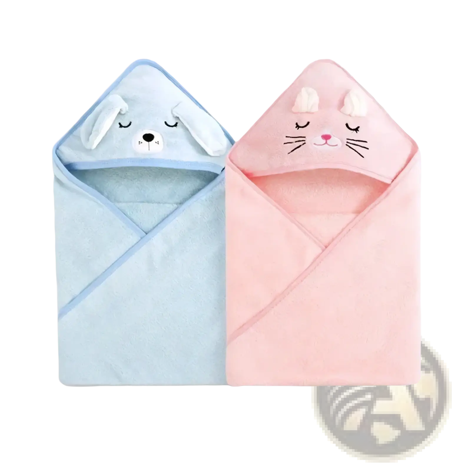 Soft pastel blue and pink hooded baby towels with embroidered animal faces and fluffy ears made of plush coral fleece
