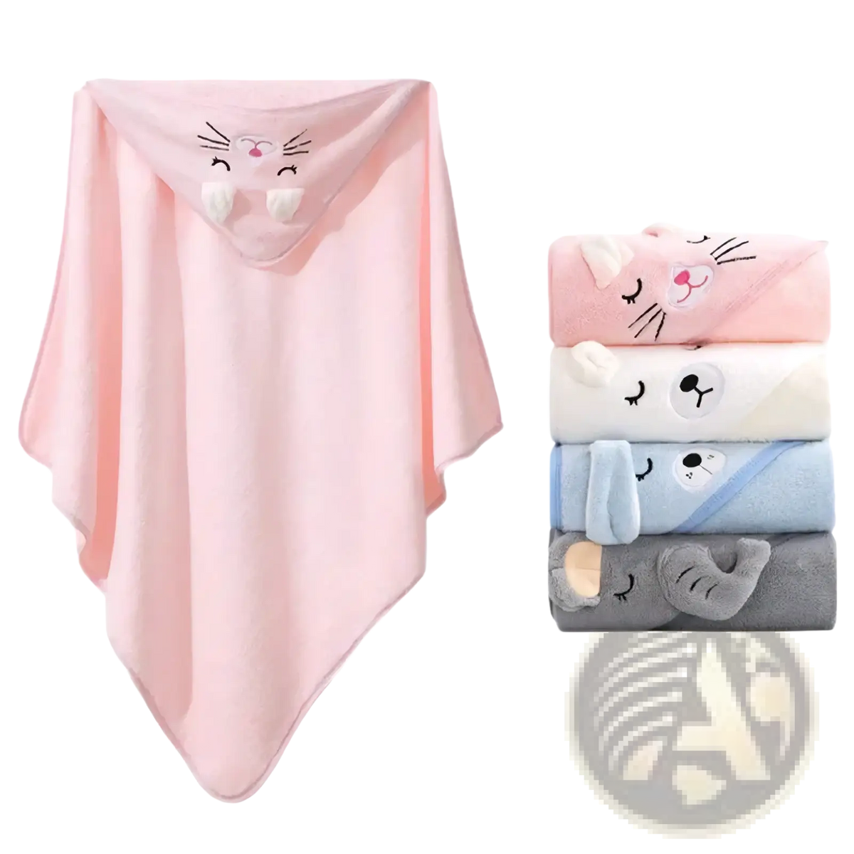 Soft pink plush baby hooded towel made of coral fleece with embroidered cat face design for bath use