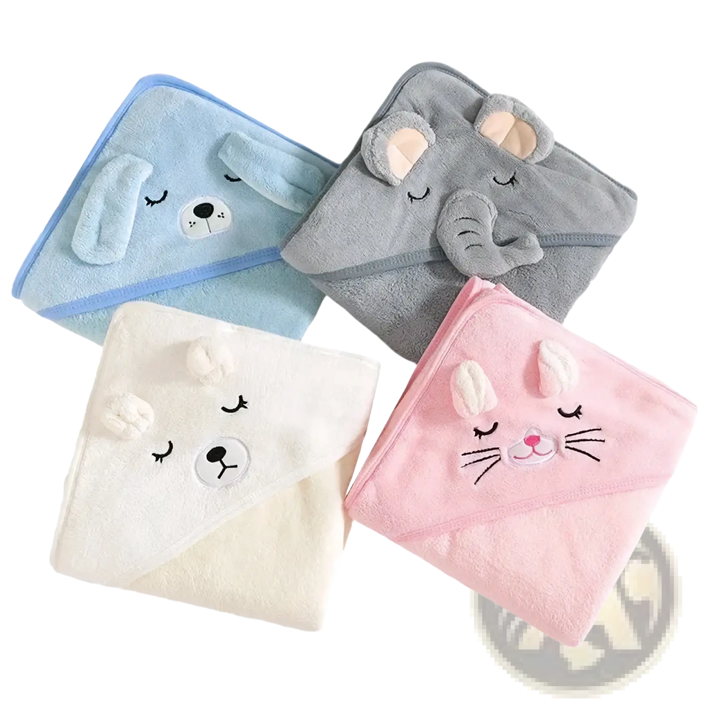 Baby hooded animal bath towels plush coral fleece in pastel blue gray cream and pink with embroidered closed eye animal faces