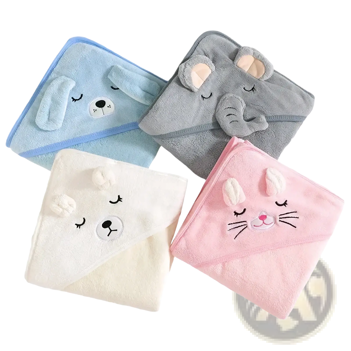 Baby hooded animal bath towels plush coral fleece in pastel blue gray cream and pink with embroidered closed eye animal faces