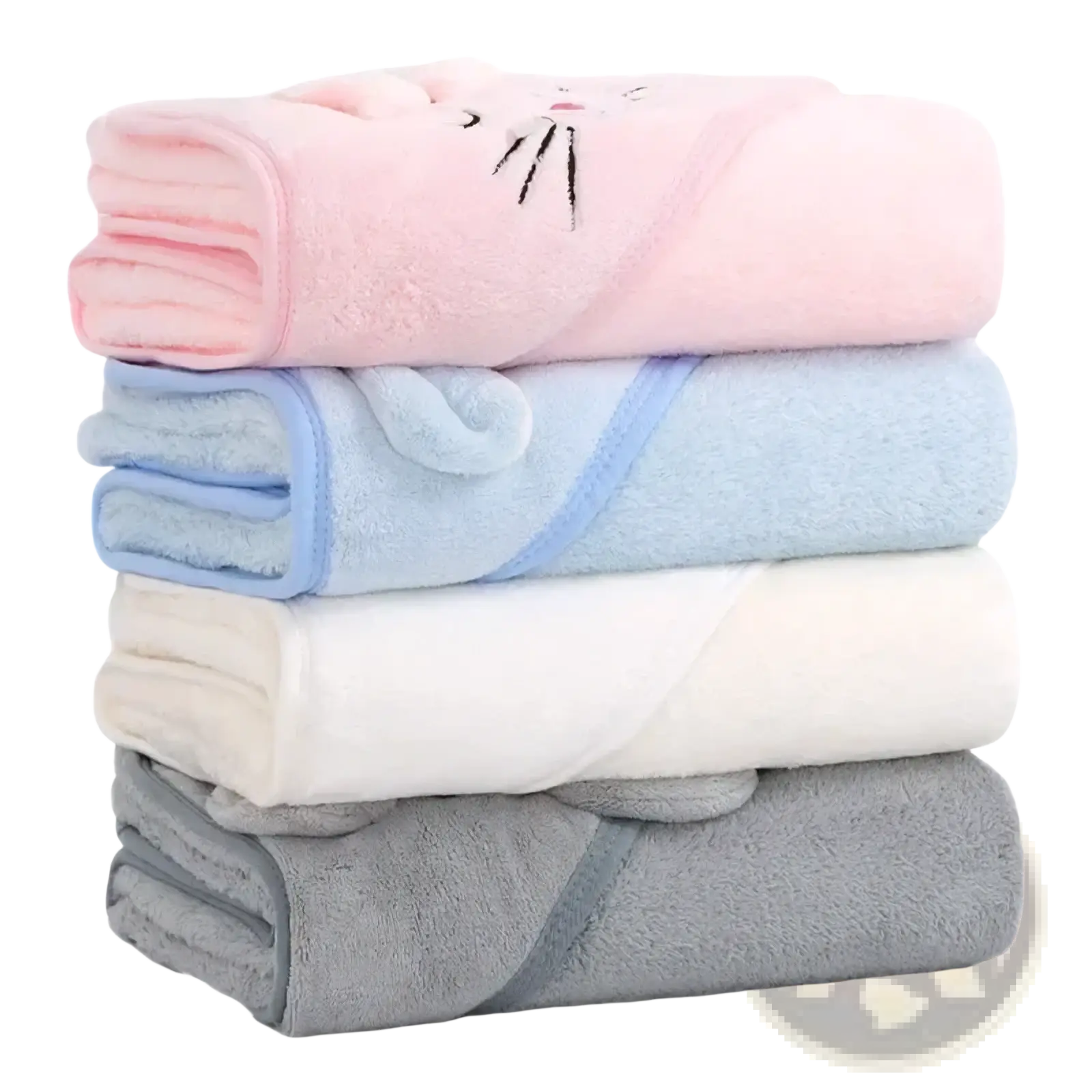 Stacked baby hooded animal bath towels in pastel pink blue white and gray plush coral fleece with embroidered cat faces
