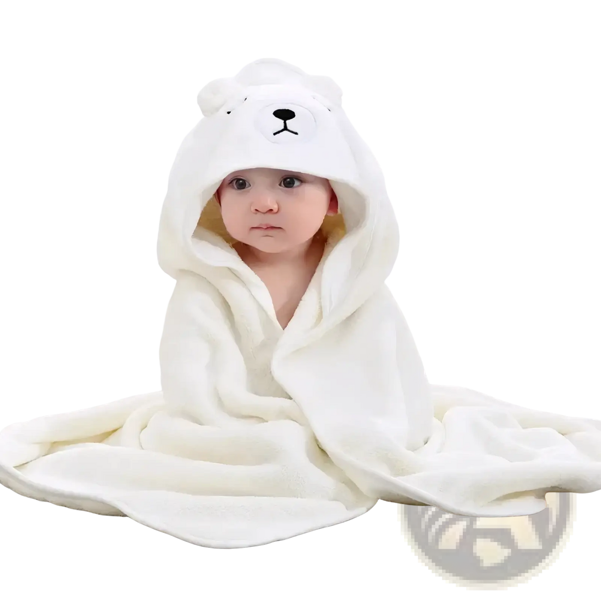 White plush bear-themed baby hooded bath towel with soft coral fleece and embroidered facial features for infants