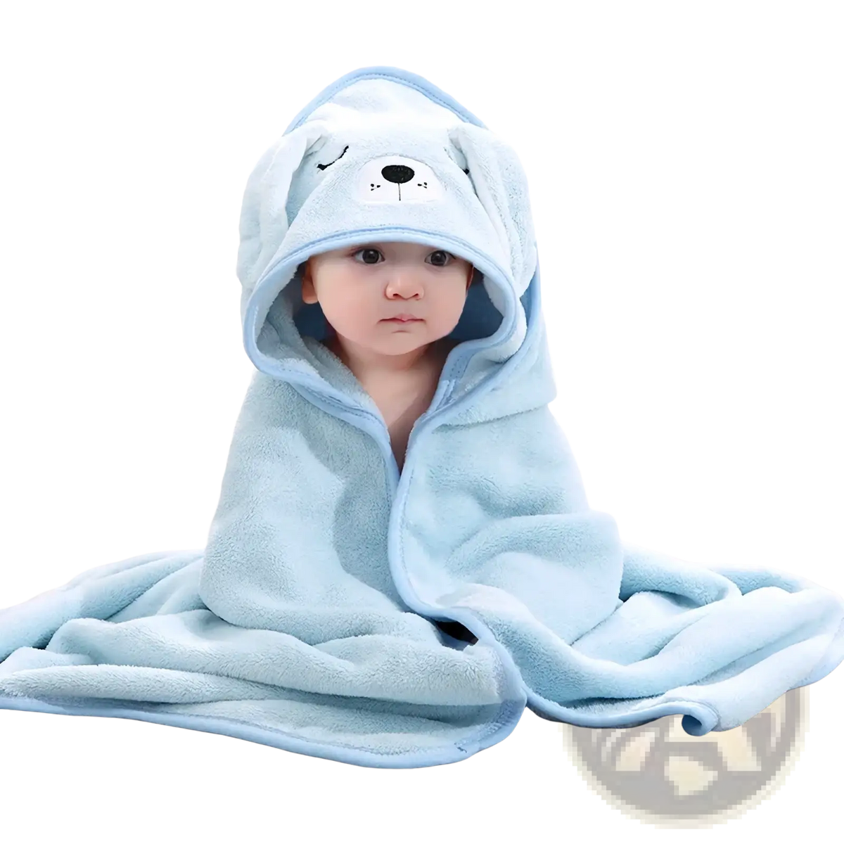 Light blue plush baby hooded animal bath towel with cute cartoon dog face made of soft coral fleece