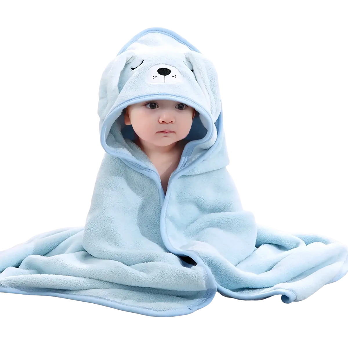 Light blue plush baby hooded animal bath towel with cute cartoon dog face made of soft coral fleece