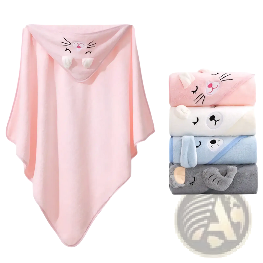 Pink plush hooded baby towel made of soft coral fleece with embroidered cat face design for bath use
