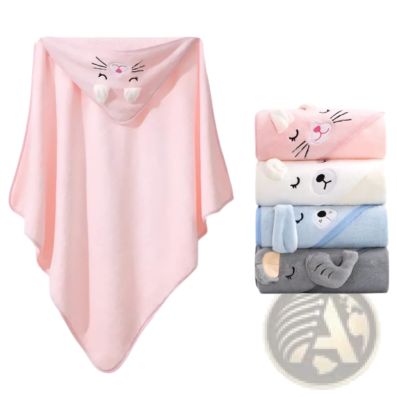 Pink plush hooded baby towel made of soft coral fleece with embroidered cat face design for bath use