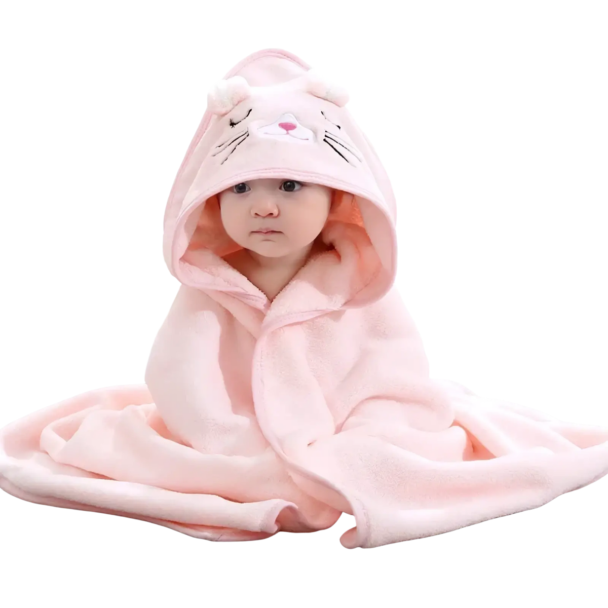 Pink plush baby hooded animal bath towel with soft coral fleece and embroidered cat face for gentle drying